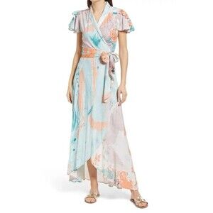 Raga Small Maxi Dress Head in the Clouds Watercolor Light Blue/White/Coral NWT